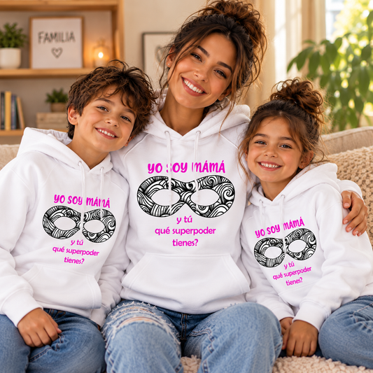 Madre con sus dos hijos con sudaderas blancas a juego Yo soy mamá, ¿y tú qué superpoder tienes? - Starway to Helen