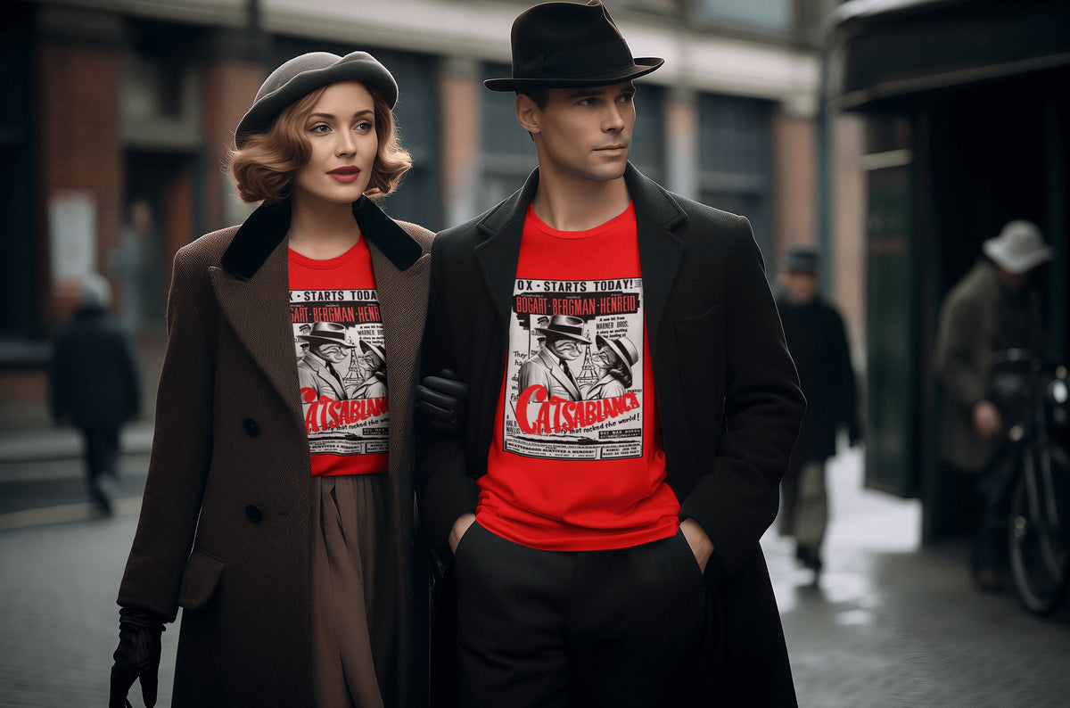 Pareja con camiseta Catsablanca, parodia de Casablanca - Starway to Helen