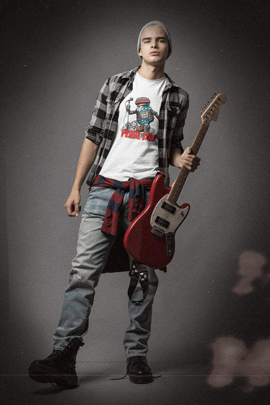 Hombre con camiseta Pearl Jam parodia de Starway to Helen