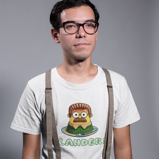 Hombre con camiseta blanca Flanders, parodia Simpsons taco