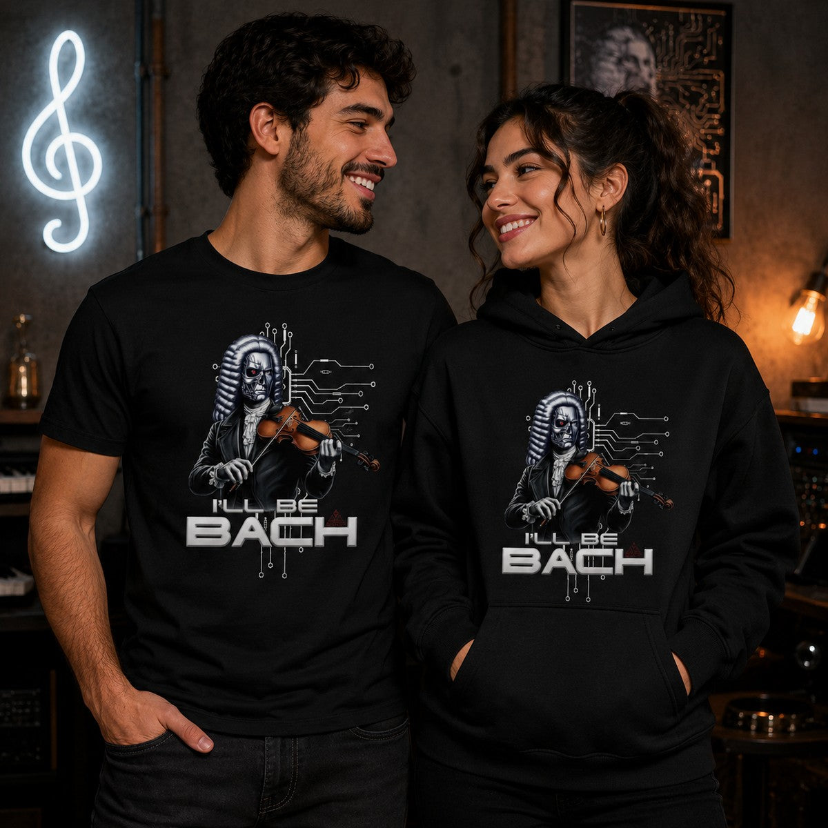Pareja con camiseta I'll Be Bach, Terminator y Bach - Starway to Helen
