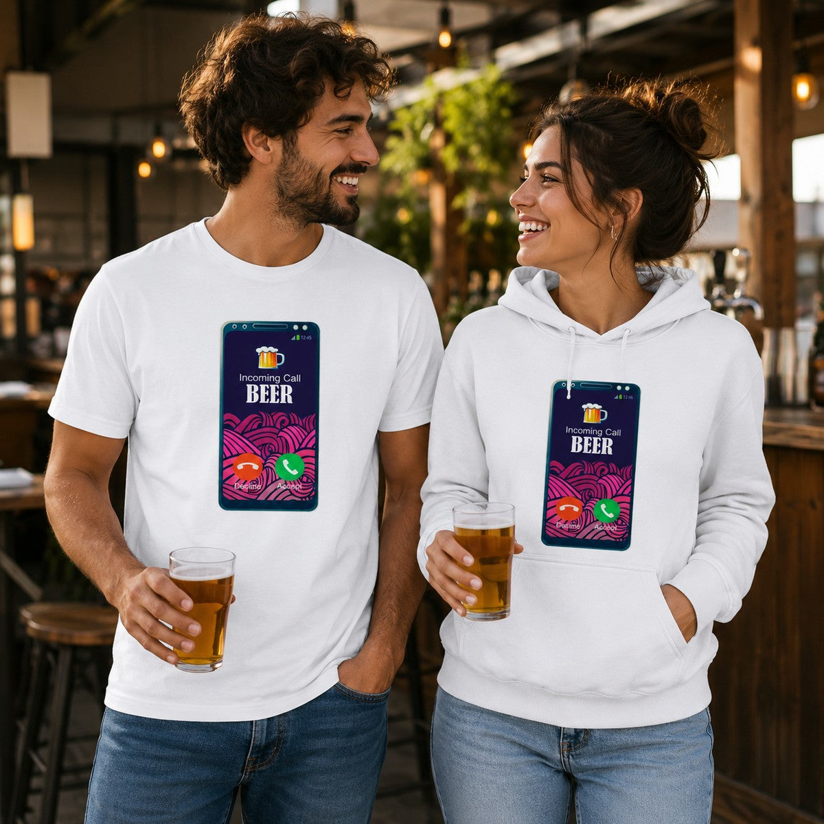 Pareja con camiseta blanca Incoming Call Beer – Starway to Helen