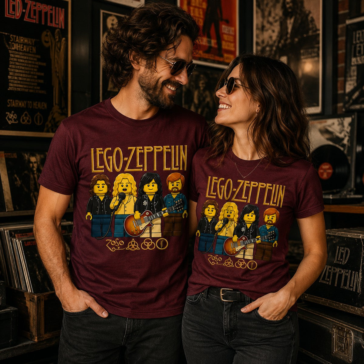 Pareja con camiseta Lego Zeppelin granate, regalo fans de Led Zeppelin - Starway to Helen