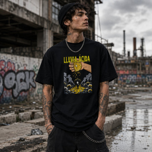 Hombre con camiseta negra Lluvia Ácida, diseño industrial