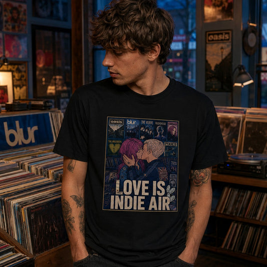 Hombre con camiseta negra Love is Indie Air en tienda de discos – Starway to Helen
