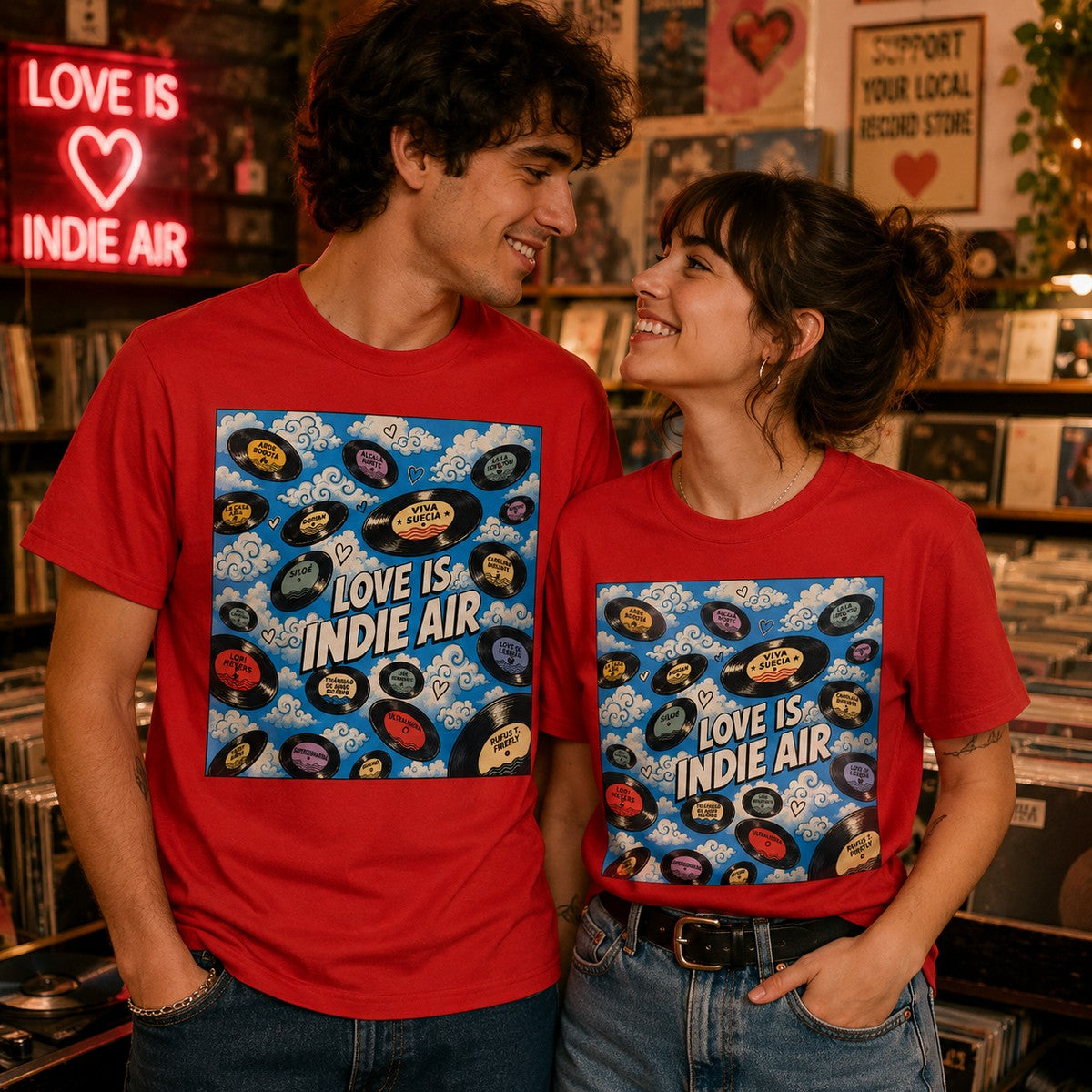 Pareja con camiseta roja Love is Indie Air – Starway to Helen