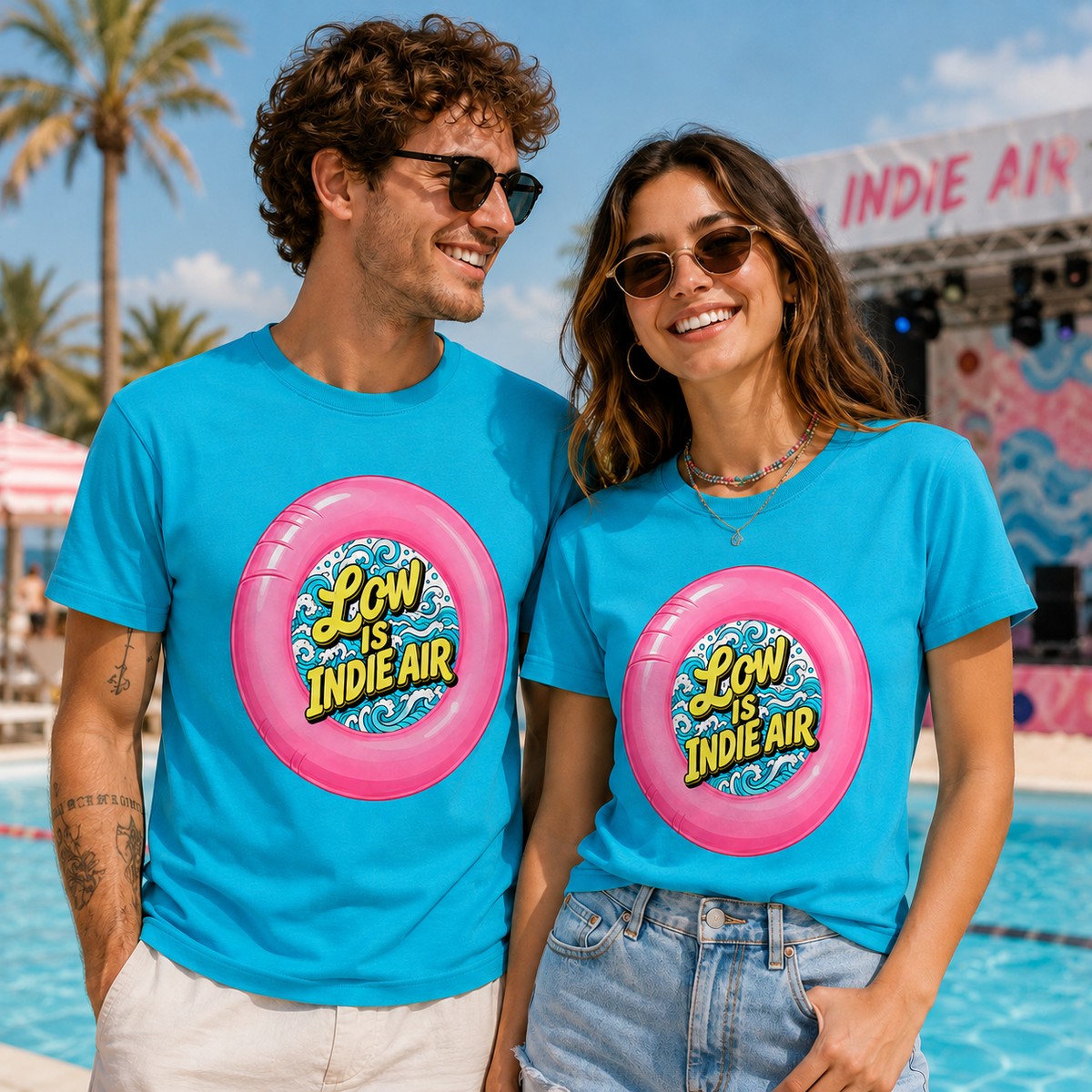 Pareja con camiseta Low is Indie Air turquesa en el Low Festival - Starway to Helen