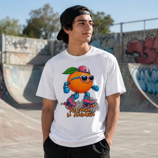 Hombre con camiseta blanca Me Patina la Mandarina, mandarina patinadora