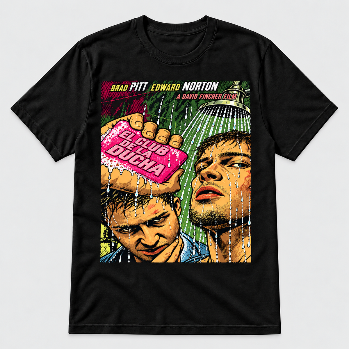 Camiseta negra El Club de la Ducha, póster de cine con jabón rosa y ducha, parodia friki de El Club de la Lucha - Starway to Helen