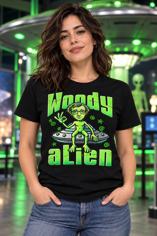 Hombre con camiseta negra Woody Alien, alien verde con gafas sobre un OVNI, regalo friki de cine y humor - Starwaytohelen