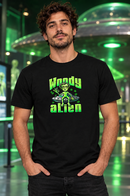 Hombre con camiseta negra Woody Alien, alien verde con gafas sobre un OVNI, regalo friki de cine y humor - Starway to Helen