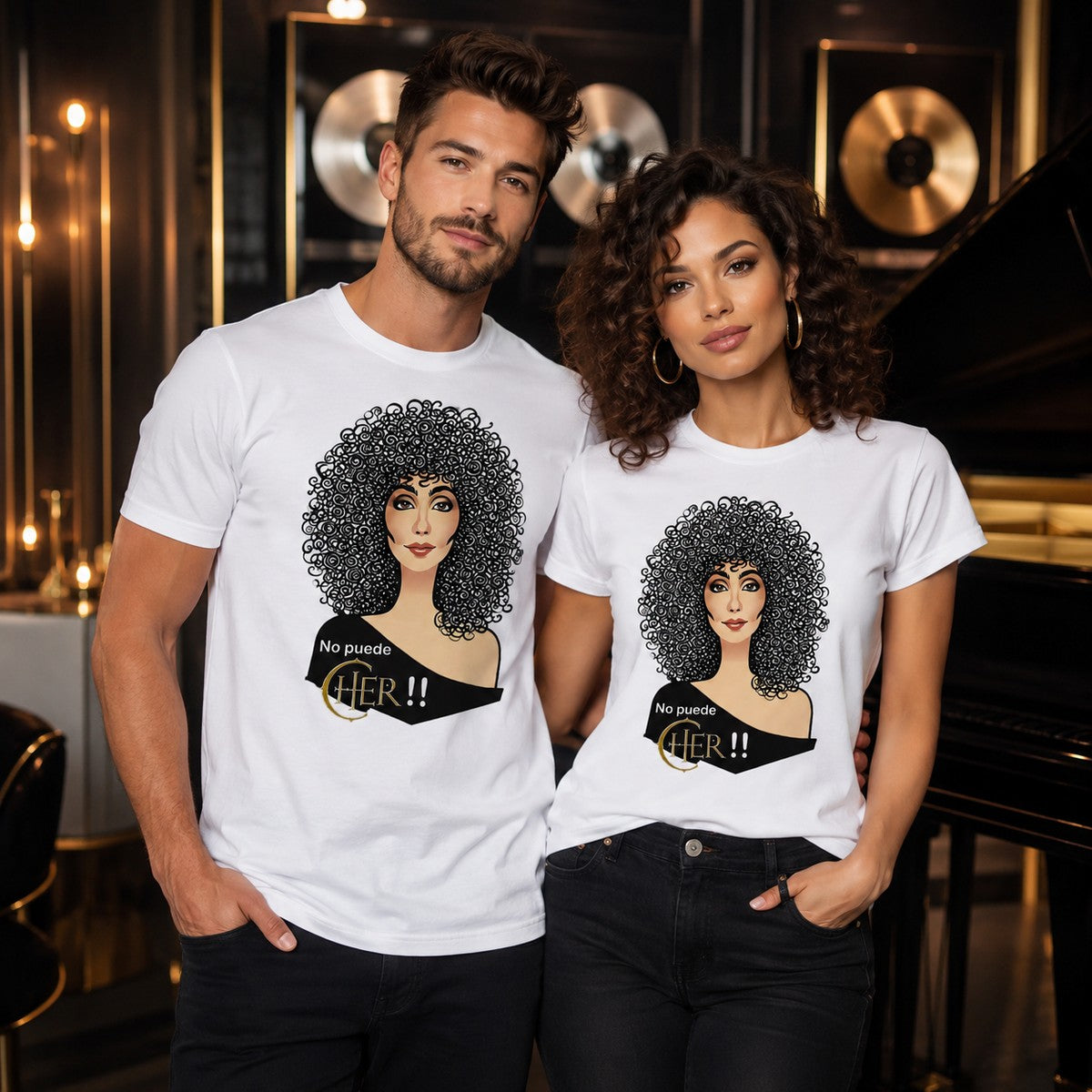 Pareja con camiseta No Puede Cher blanca, regalo fans de Cher - Starway to Helen