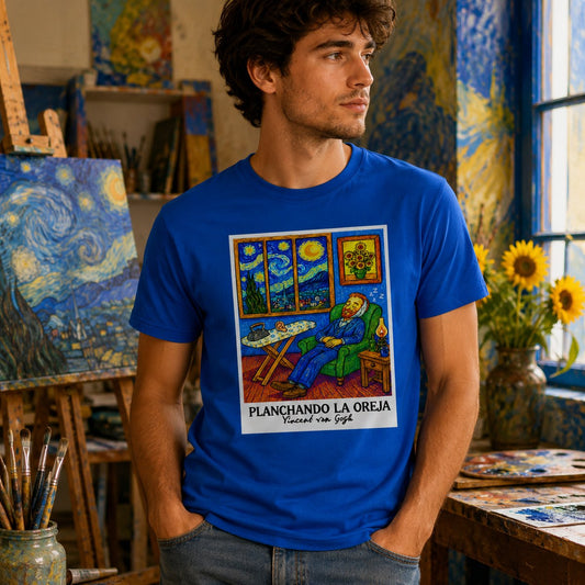Hombre con camiseta azul Planchando la Oreja, parodia de Van Gogh