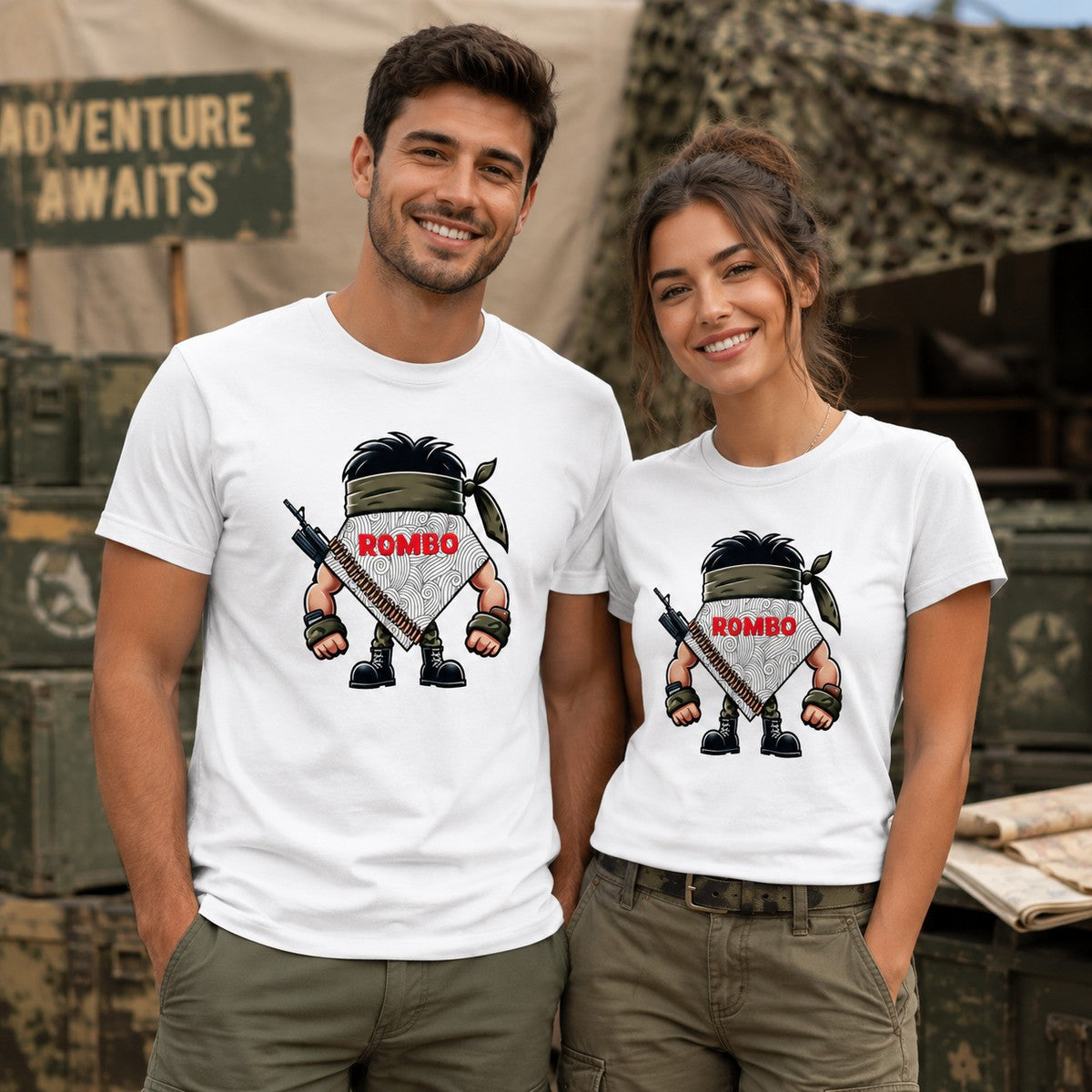 Pareja con camiseta blanca ROMBO militar – Starway to Helen