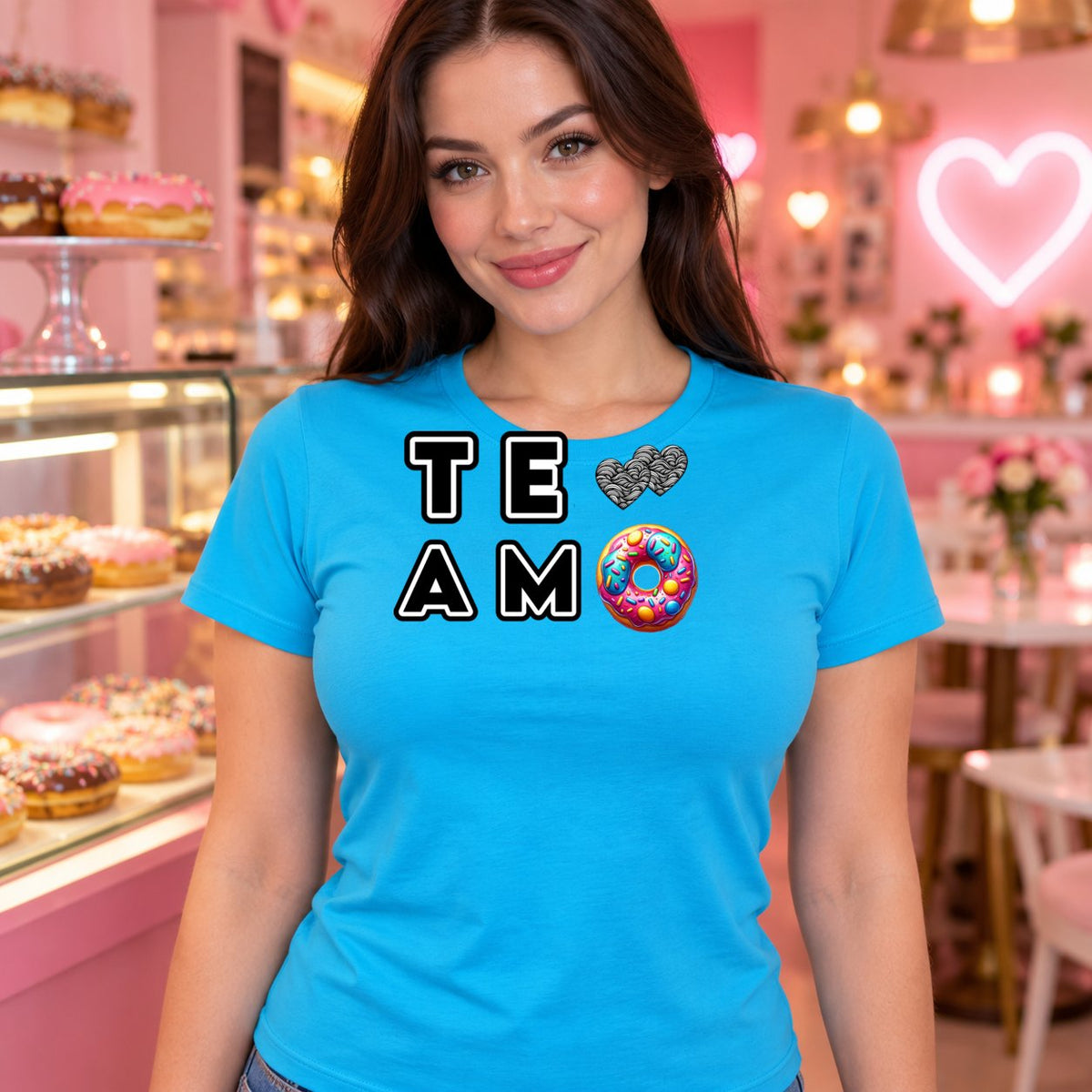 Mujer con camiseta Te Amo Donut, donuts y corazones - Starwaytohelen