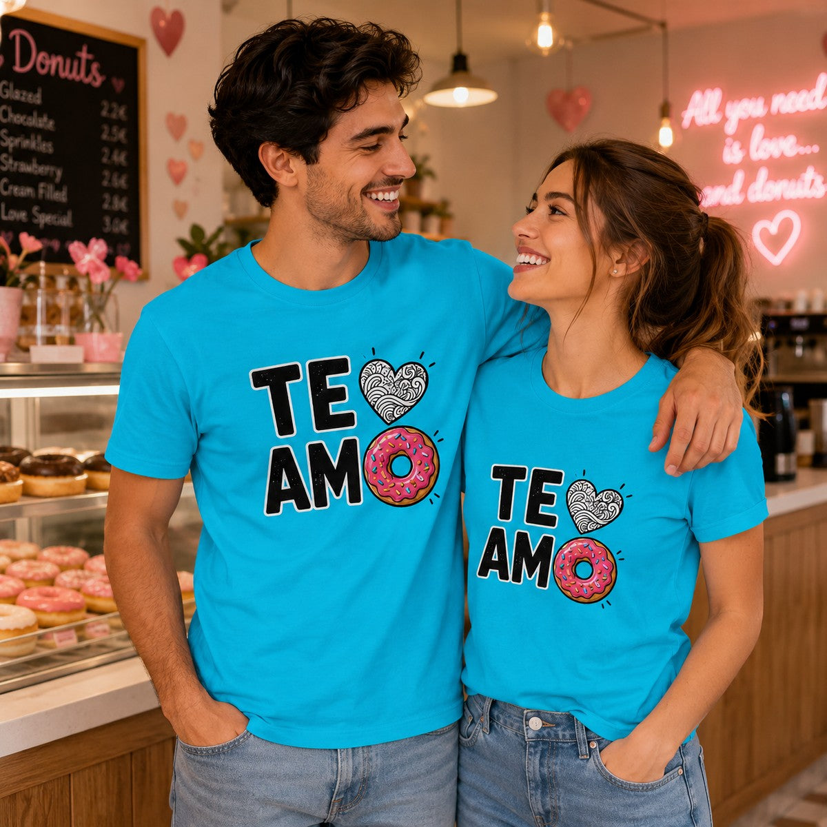 Pareja con camiseta Te Amo Donut, donuts y corazón - Starway to Helen