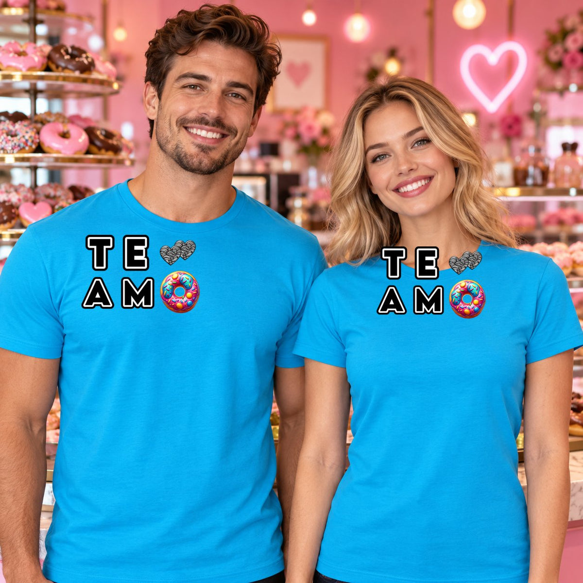 Pareja con camiseta Te Amo Donut, donuts y corazones - Starway to Helen