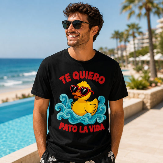 Hombre con camiseta negra Te Quiero Pato la Vida en la playa - Starway to Helen