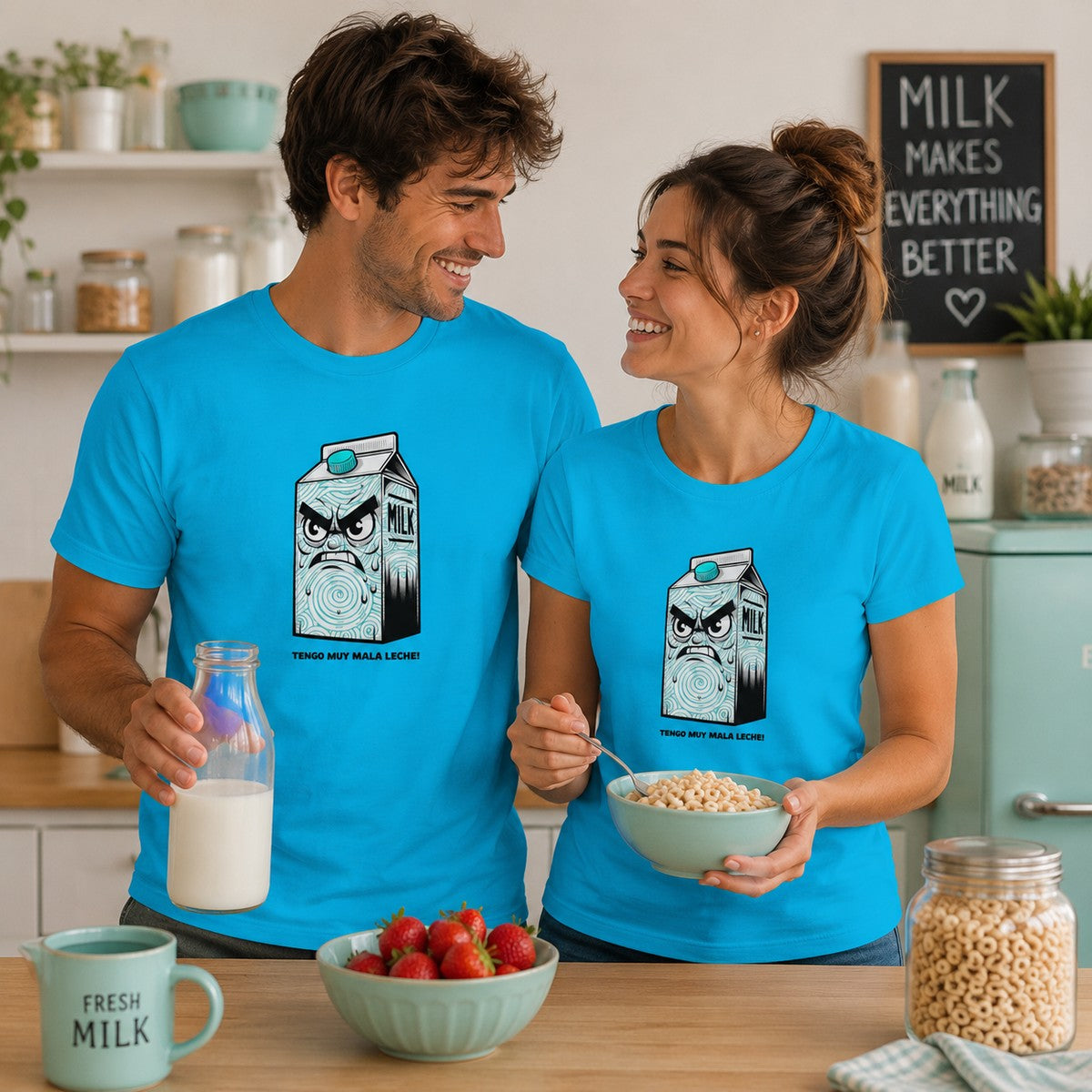 Pareja con camiseta Tengo Muy Mala Leche, brik de leche enfadado - Starway to Helen