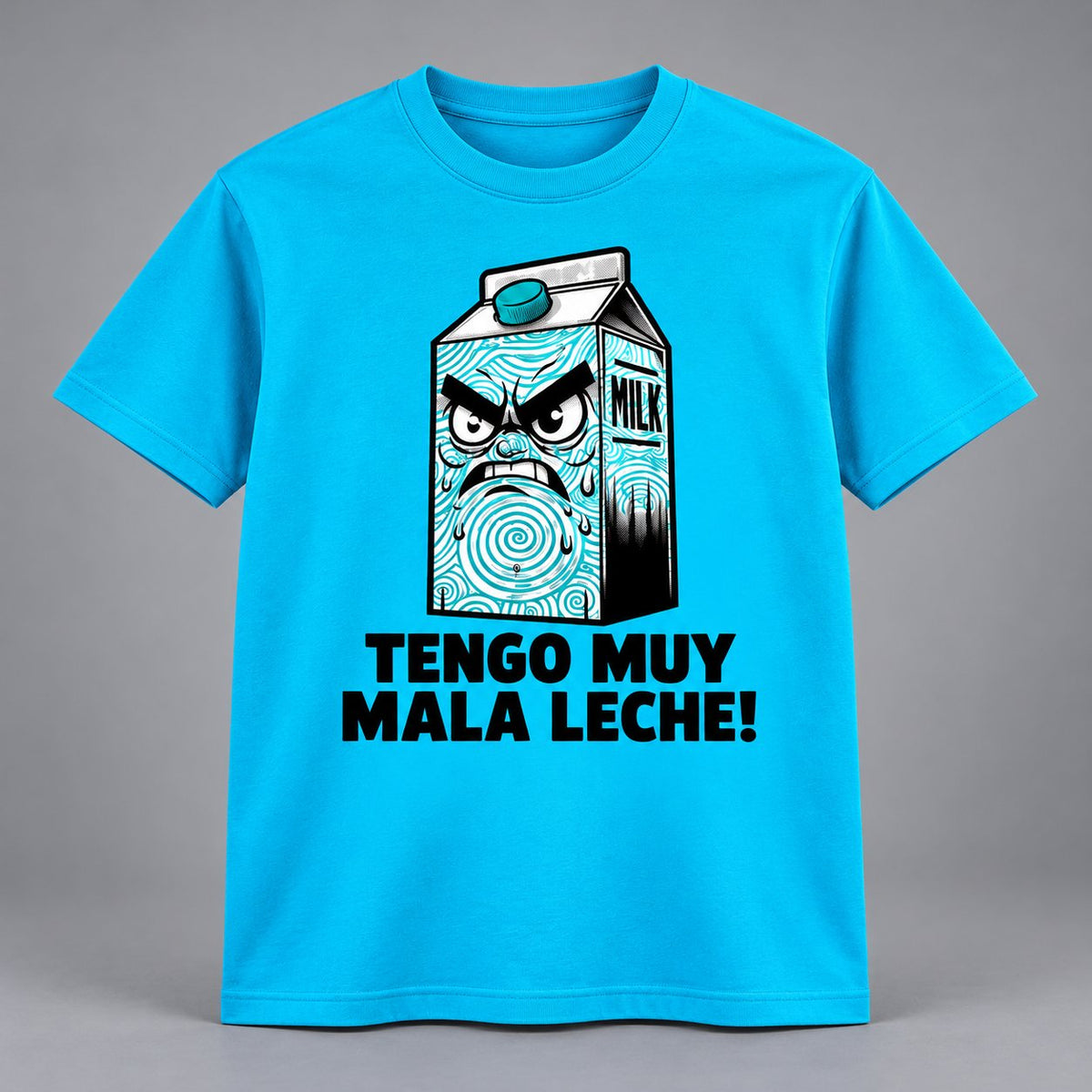Camiseta turquesa Tengo Muy Mala Leche, brik de leche enfadado con letras negras grandes, humor español - Starwaytohelen