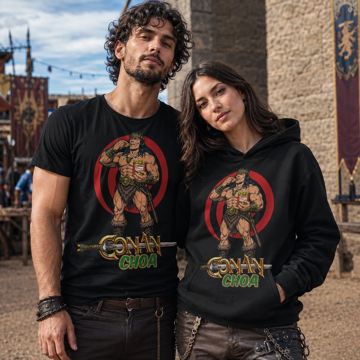 Pareja con camiseta Conan Choa, parodia de Conan el Bárbaro - Starway to Helen