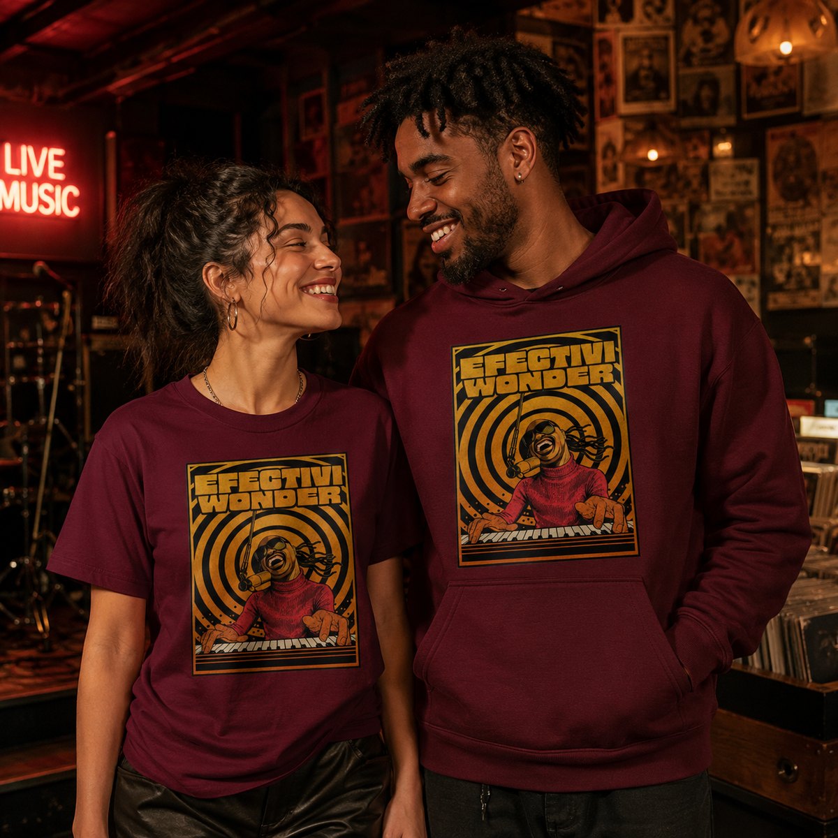 Pareja con camiseta Efectiviwonder, parodia de Stevie Wonder - Starway to Helen