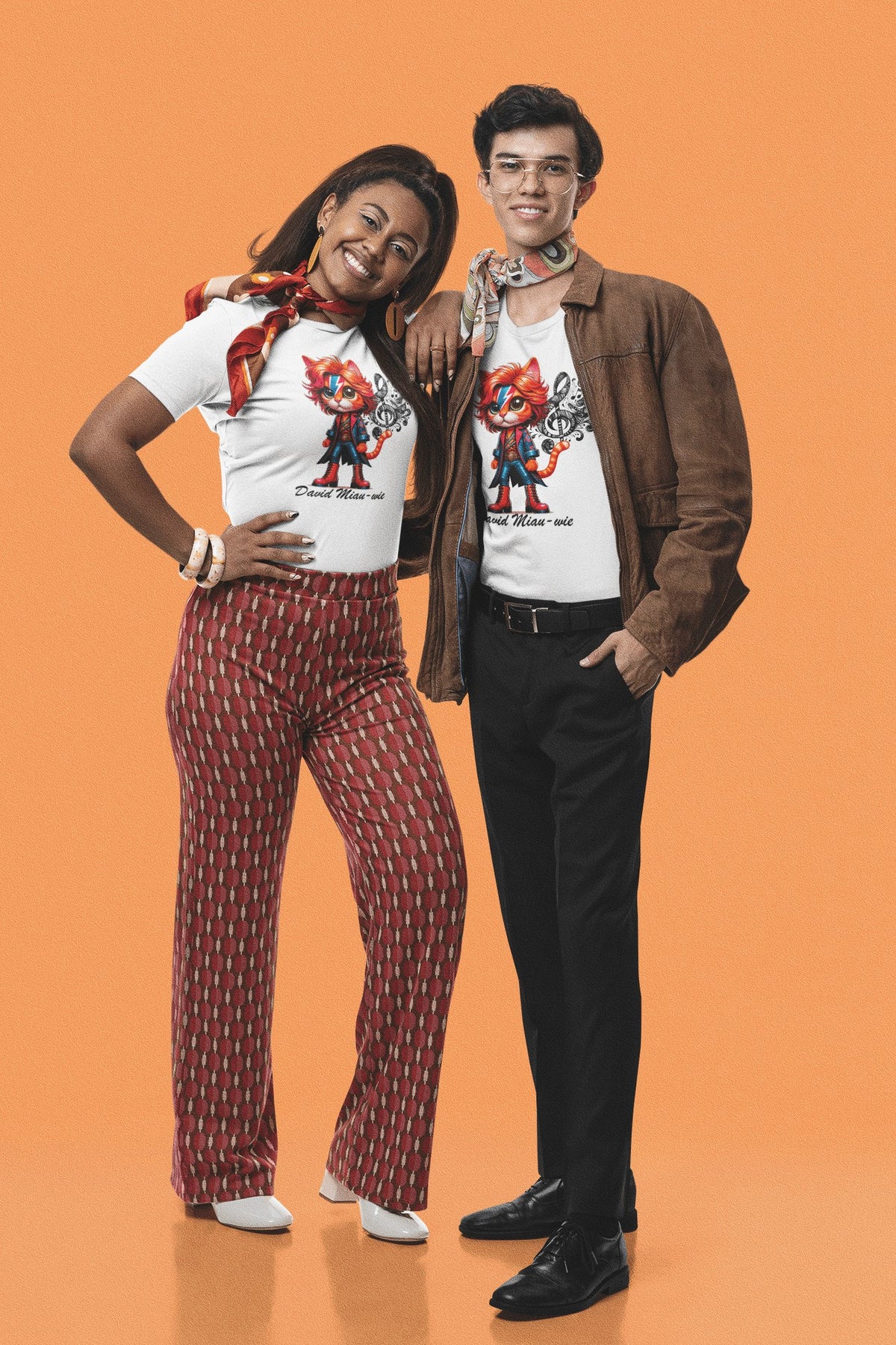 Pareja con camiseta David Miau-wie, parodia de David Bowie - Starway to Helen
