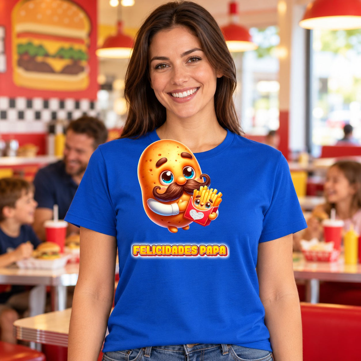 Mujer con camiseta Felicidades Papa, diseño de patata con bigote - Starwaytohelen