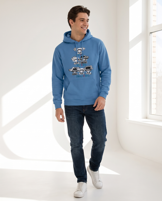 Hombre con sudadera One Piece - Three Pieces azul, parodia del anime One Piece - Starway to Helen