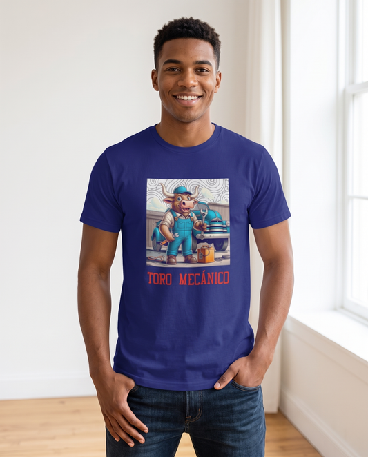 Hombre con camiseta Toro Mecánico, diseño toro con engranajes - Starway to Helen
