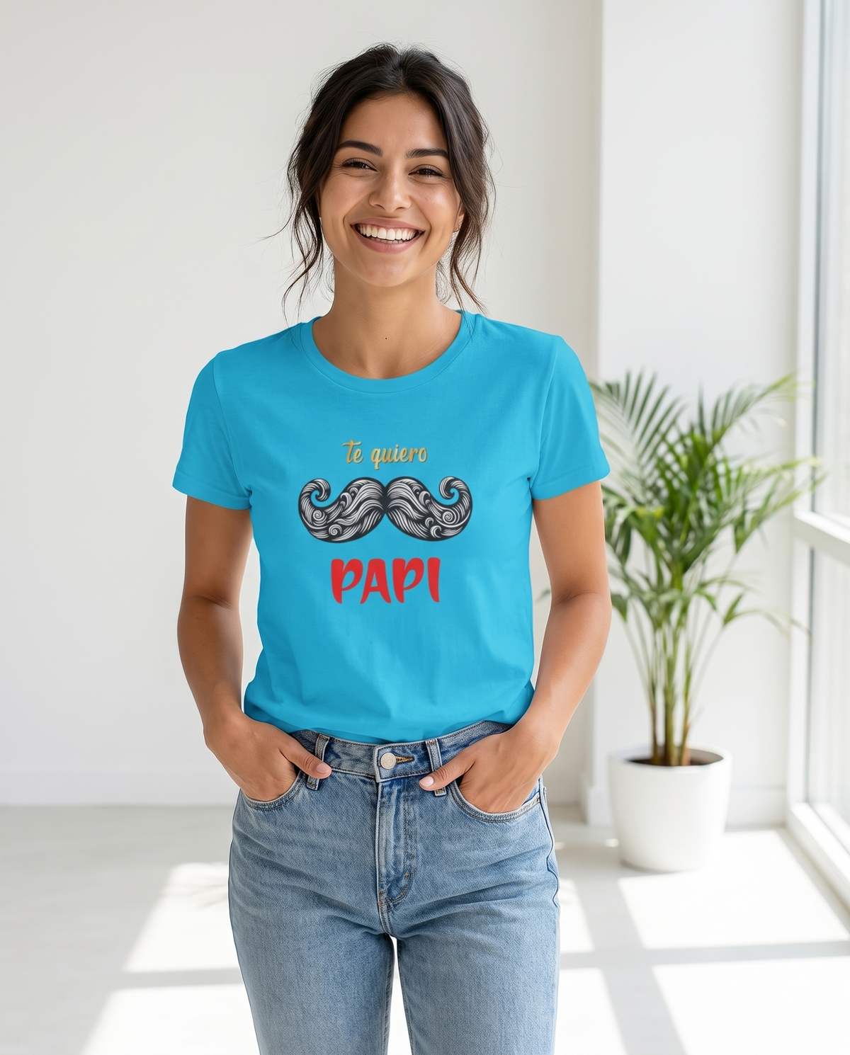 Mujer con camiseta Te Quiero Papi, diseño de bigote y corazón - Starwaytohelen