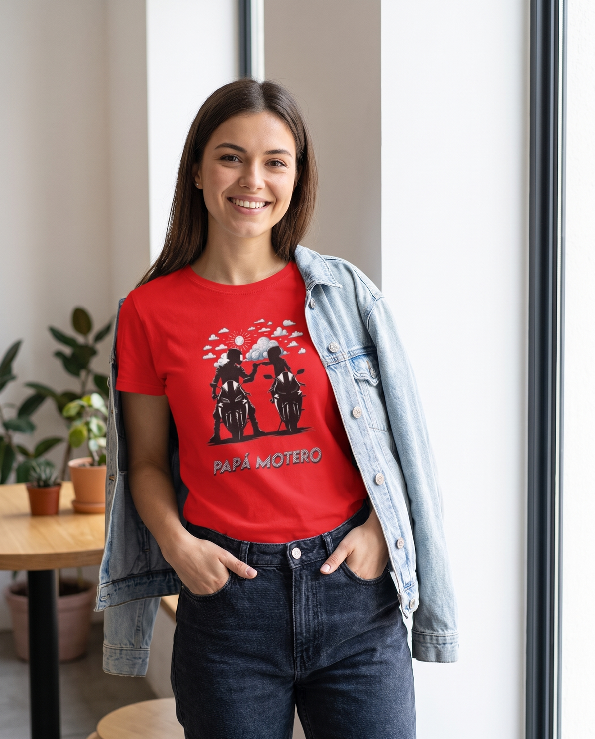 Mujer con camiseta Papá Motero, diseño de moto y aventura - Starwaytohelen