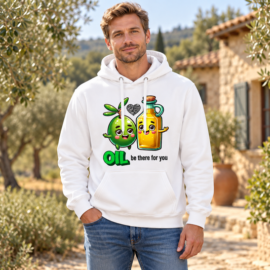 Hombre con sudadera blanca Oil Be There for You, aceituna y aceite de oliva en olivar - Starway to Helen