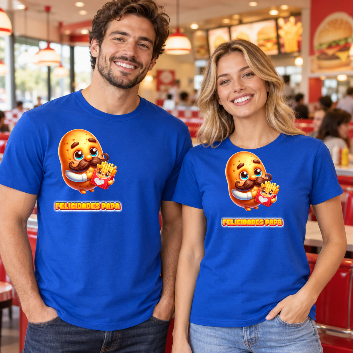 Pareja con camiseta Felicidades Papa, diseño de patata con bigote - Starway to Helen