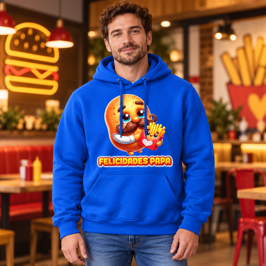 Hombre con sudadera azul Felicidades Papá, patata con bigote y patatas fritas en hamburguesería - Starway to Helen