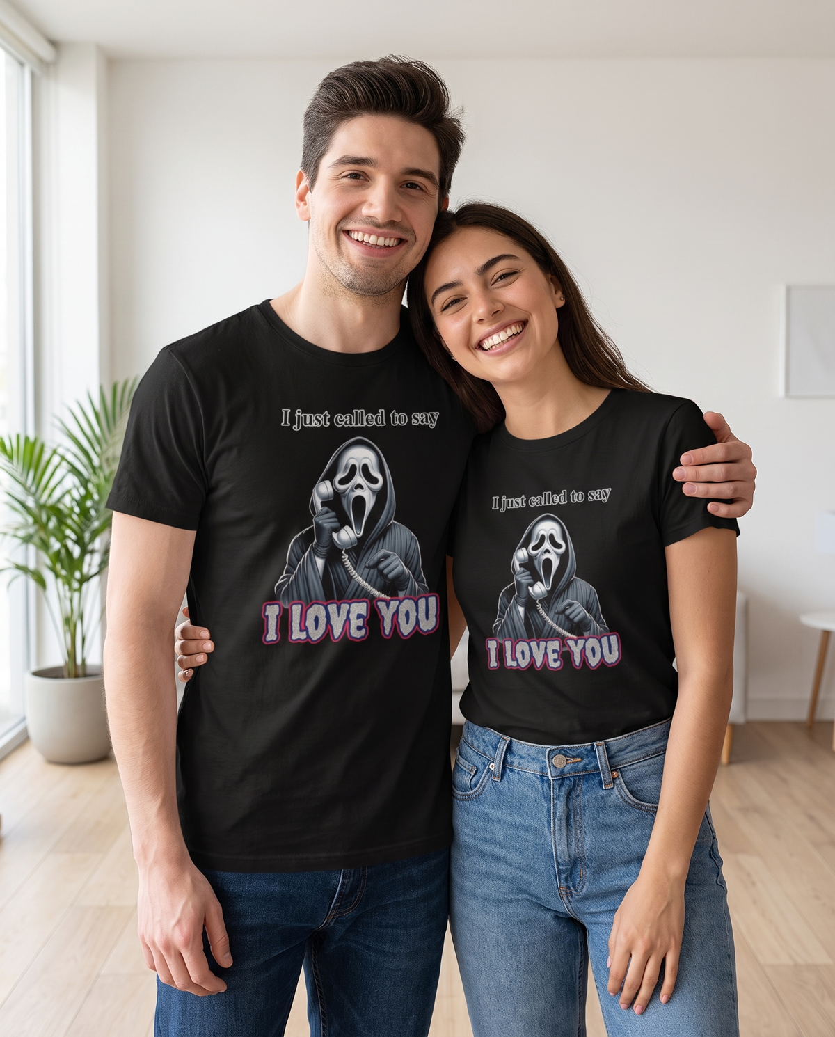 Pareja con camiseta I Just Called to Say I Love You, parodia de Stevie Wonder - Starwaytohelen