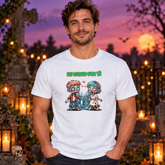 Hombre con camiseta Me Muero por Ti en un cementerio, diseño de zombis enamorados - Starway to Helen