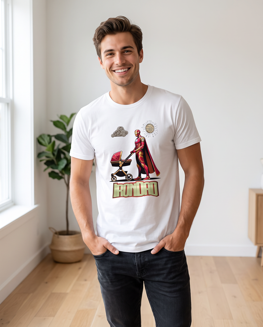 Hombre con camiseta Iron Dad con diseño de armadura metálica - Starway to Helen