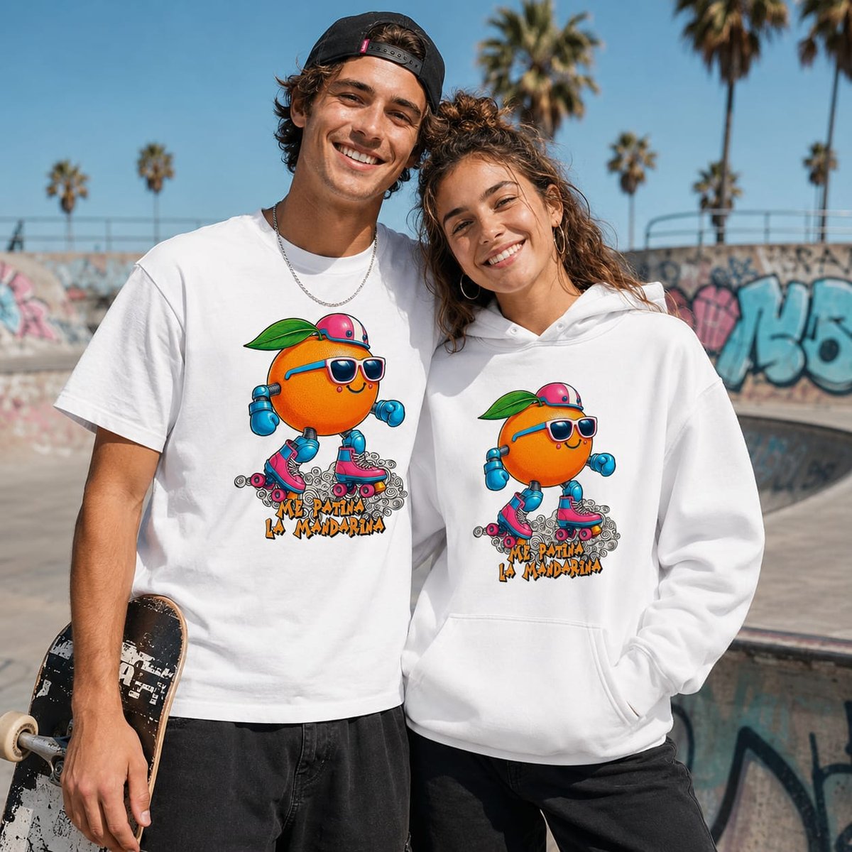 Pareja con camiseta y sudadera blancas Me Patina la Mandarina, regalo divertido