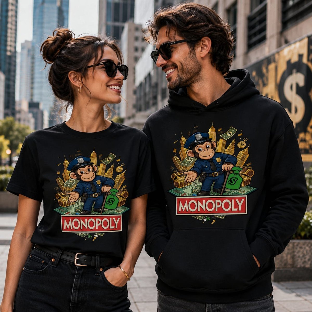 Pareja con camiseta Monopoly, parodia del juego Monopoly - Starway to Helen
