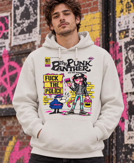 Sudadera blanco vintage con capucha Pantera Rosa Punk en hombre, The Punk Panther, parodia punk de La Pantera Rosa - Starway to Helen