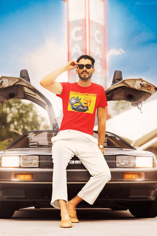Persona con camiseta ITV DeLorean parodia de Starway to Helen