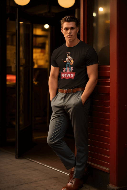 Hombre con camiseta Elvi's parodia Elvis de Starway to Helen