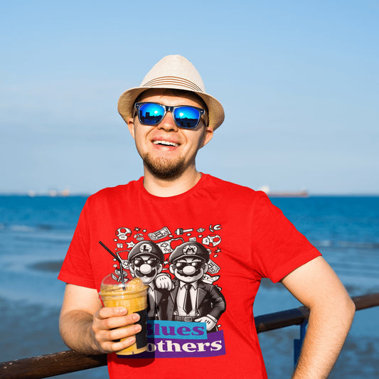 Hombre con camiseta The Blues Brothers parodia Mario Bros de Starway to Helen