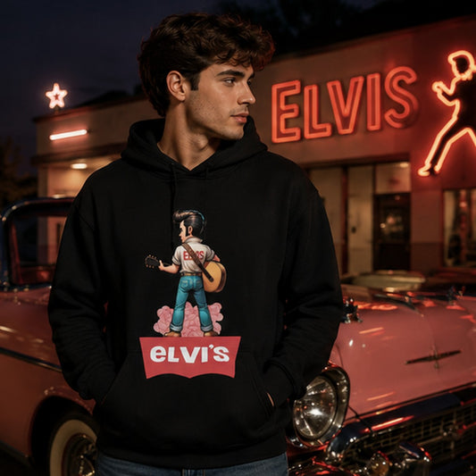 Hombre con sudadera Elvi's, parodia de Elvis Presley (logo Levi's) - Starway to Helen