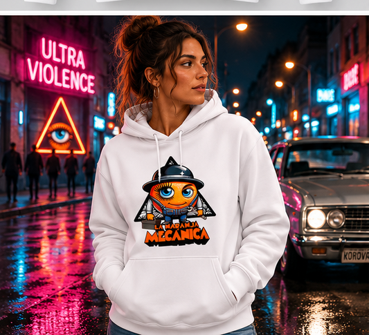 Mujer con sudadera La Naranja Mecánica blanca, ambiente neón parodia de la película de Kubrick - Starway to Helen