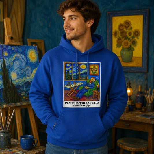 Hombre con sudadera azul con capucha Planchando la Oreja, parodia de Van Gogh