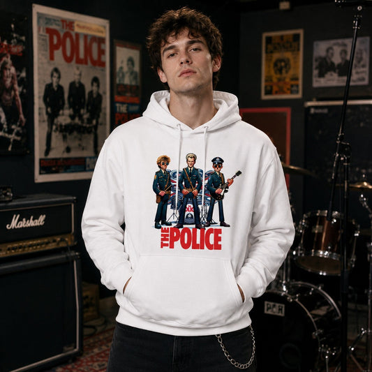 Hombre con sudadera The Police blanca, parodia de la banda The Police - Starway to Helen