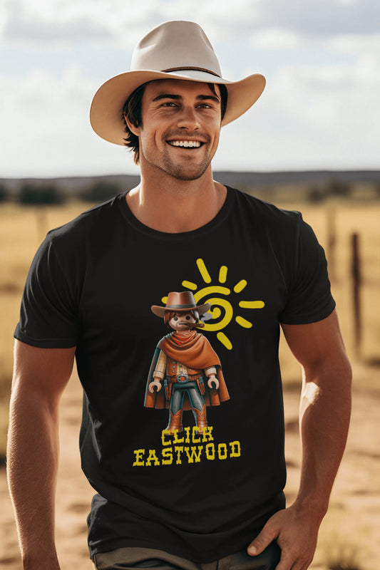 Hombre con camiseta Click Eastwood parodia Playmobil vaquero - Starway to Helen