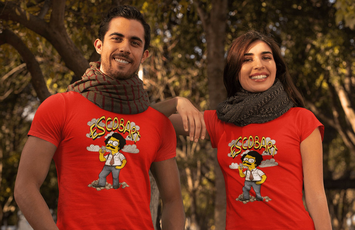 Pareja con camiseta Escobart, parodia de Pablo Escobar y Bart Simpson - Starway to Helen